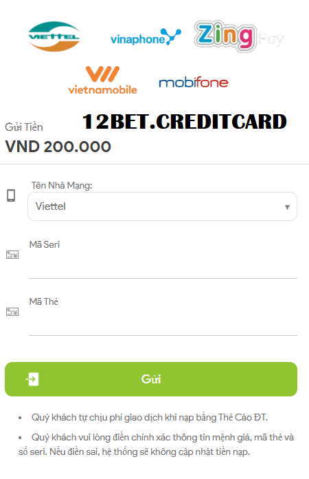 Nạp tiền qua thẻ cào điện thoại 12bet Nạp tiền qua thẻ cào điện thoại 12bet